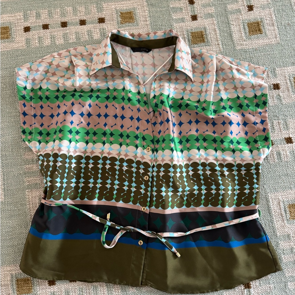 Zara Pastel Geometric Blouse in Pink, Blue & Green